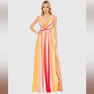 Mac Duggal NWT Striped A Line Slit Maxi Gown size 4 V Neck Sleeveless Gown